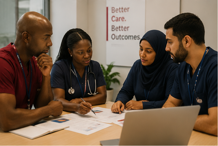 Four healthcare professionals in a meeting room, with two men and two women in navy and red scrubs, gathered around a table with documents and a laptop. A whiteboard in the background reads 'Better Care.